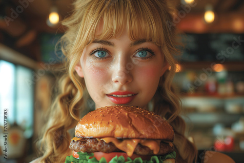 Portrait Beautiful woman eating hamburger