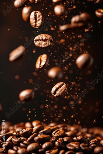 a close-up of coffee beans in various shades of brown, with some falling in different directions. The background is a dark brown color.