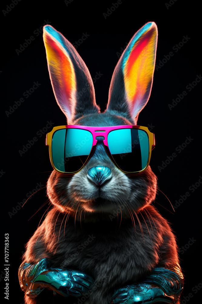 Neon Grooves: Cool Baby DJ Rabbit in Sunglasses Vibing to Colorful Beats