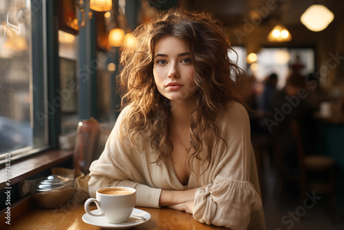 Beautiful young woman seating in cafe and drinking cofee