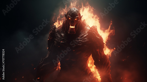 Fictional mythical evil strong creature fire titan with fire and black background