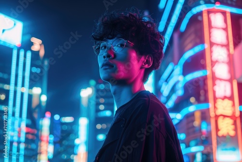 Studio portrait of a young Asian male model with a neon-lit urban skyline at night