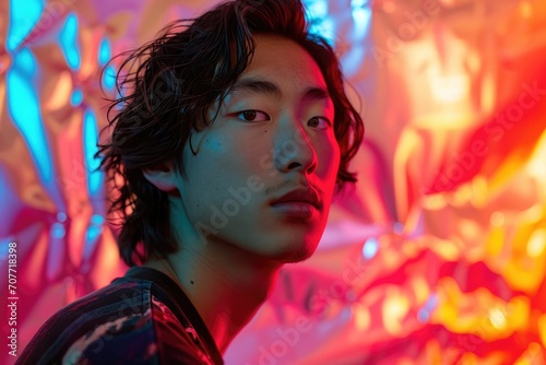 Studio portrait of a young Asian male model with an artistic, colorful abstract backdrop