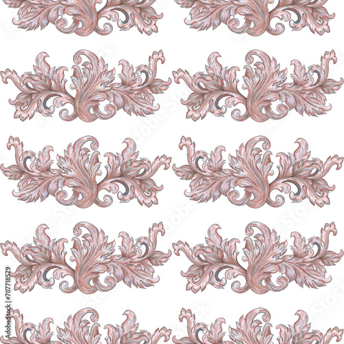 Hand drawn watercolor vintage ornament seamless pattern. Baroque illustration isolated on white background. Can be used for textile, fabric and other printed products.