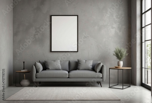 Big poster frame mock up in Loft home interior design of modern living room. Grey fabric sofa against grunge stucco wall.