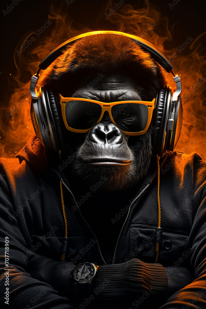 Ape in Harmony: DJ Gorilla in Sunglasses and Headphones, Enjoying the Cool Vibes