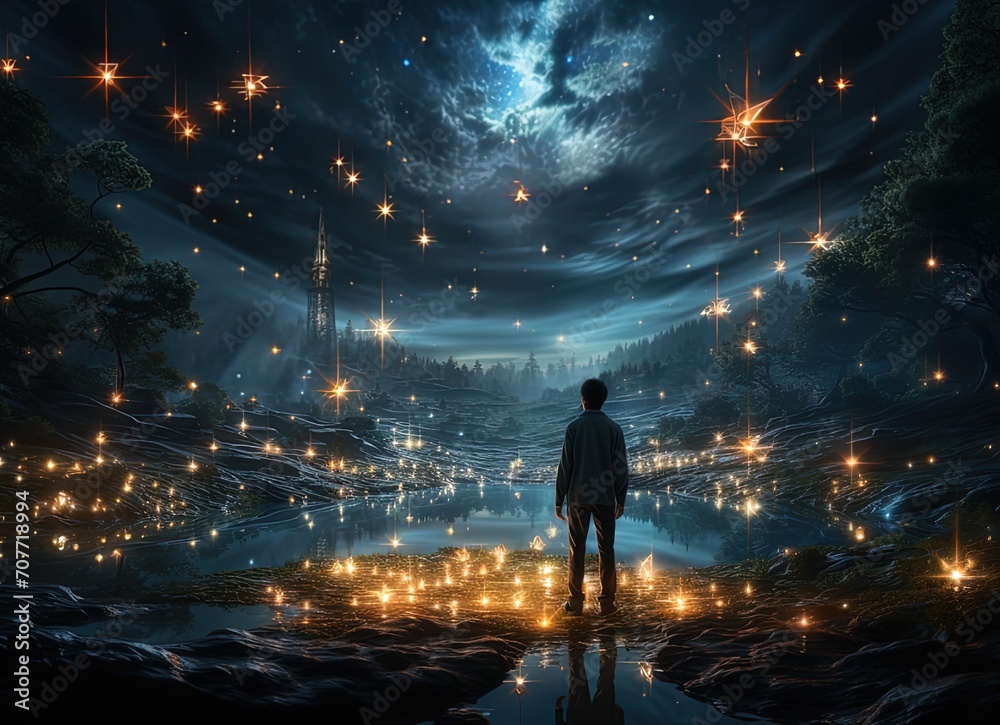 puzzle brain man holding pieces of puzzle and star, in the style of illuminated landscapes, silhouette figures, photo-realistic compositions, human-canvas integration, luminous sfumato