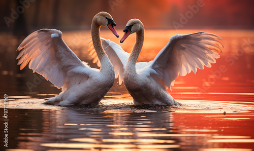 Elegant Swans Engaging in a Courtship Dance on a Serene Lake at Twilight  a Symbol of Love and Grace