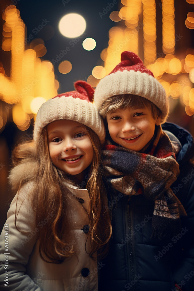 Siblings' Holiday Delight: Cute Girl and Boy Enjoying Christmas Festivities in the Glowing Cityscape