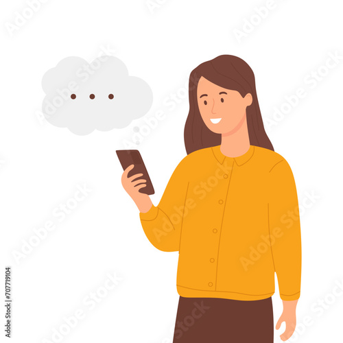 Happy woman look at mobile phone and smile. Young girl is talking on online video call with her smartphone. Beautiful smiling female character. Flat vector illustration isolated on white background.