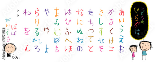 小さい子供が描いた、手書きのひらがなとイラスト