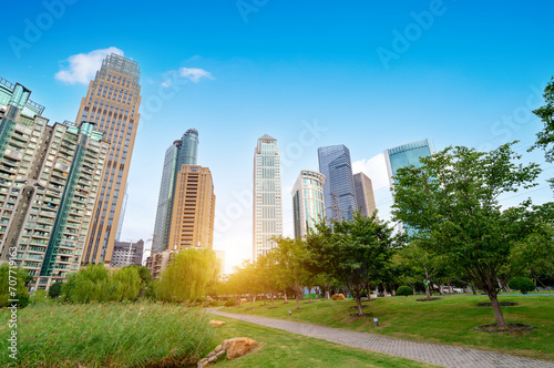 Lawns and tall buildings in the financial district, Wuhan, China.