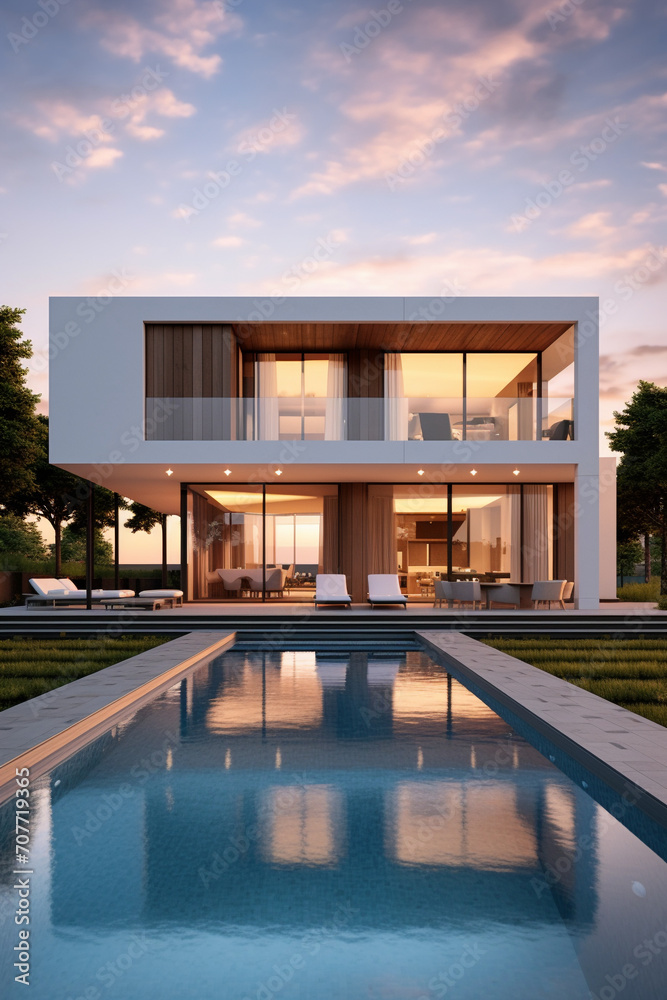 Fototapeta premium Contemporary Oasis: Sunset Glow on the Exterior of a Modern Cubic Villa with Pool