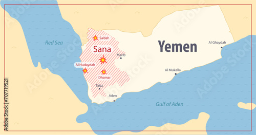 Yemen map with main cities Sana with an area under the attack and Red sea. strikes Houthis in Yemen illustration. Colored map of Yemen area with other land