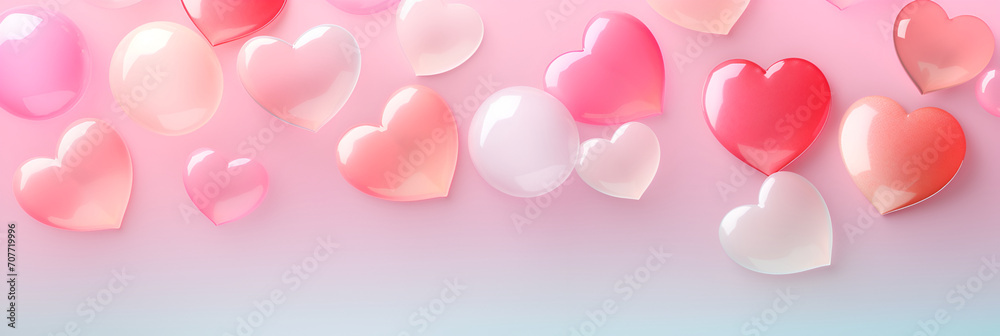 Valentine's Day background, with voluminous transparent hearts, with copy space, in soft pink color.