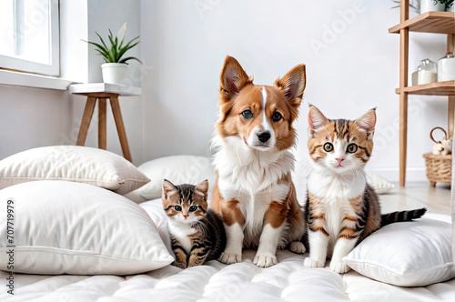 Friendship of a dog and cat. In the bedroom on the bed looking at the camera.