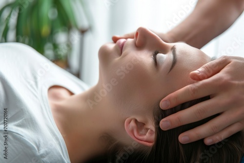 physiotherapist or chiropractor conducting cranial sacral therapy on a woman patient. therapeutic process, showcasing the activation of the trigeminal nerve.