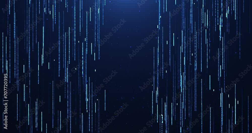 Stream of data points and neon lines or streaks of light, rain of particles. big data visualization, futuristic or technological abstract background with moving rays of light. Seamless looping 