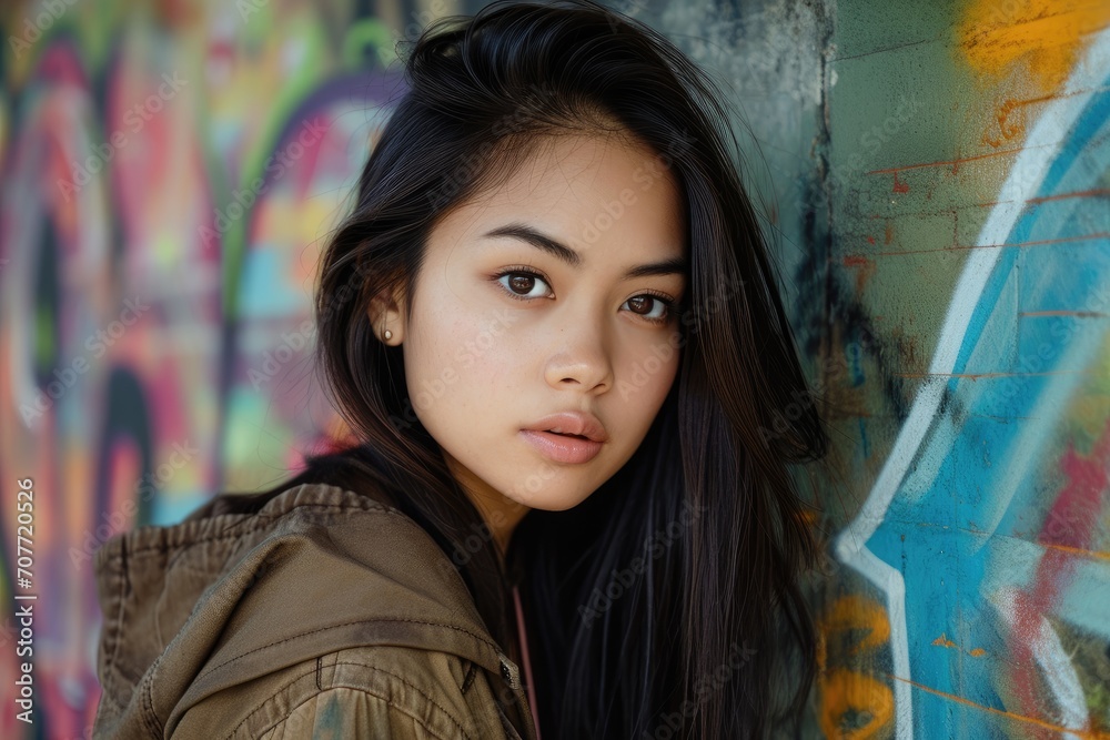 Studio portrait of a young Asian model with a vibrant graffiti urban backdrop