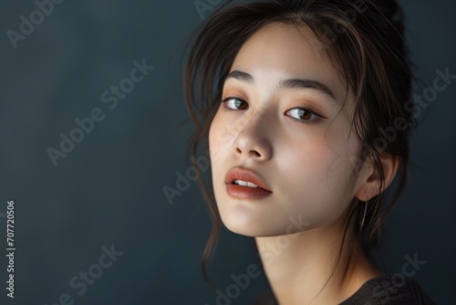 Studio portrait of a young Asian model with a minimalist geometric pattern background