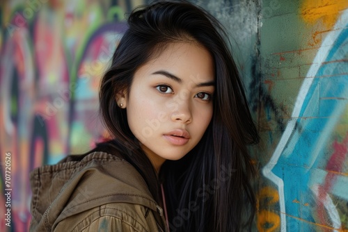 Studio portrait of a young Asian model with a vibrant graffiti urban backdrop © furyon