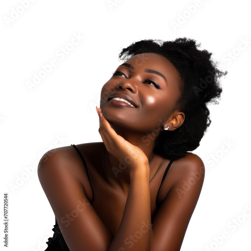 African American young beauty woman makeup style with touch her face and perfect skin, Facial treatment, Cosmetology, plastic surgery, isolated on white background, png