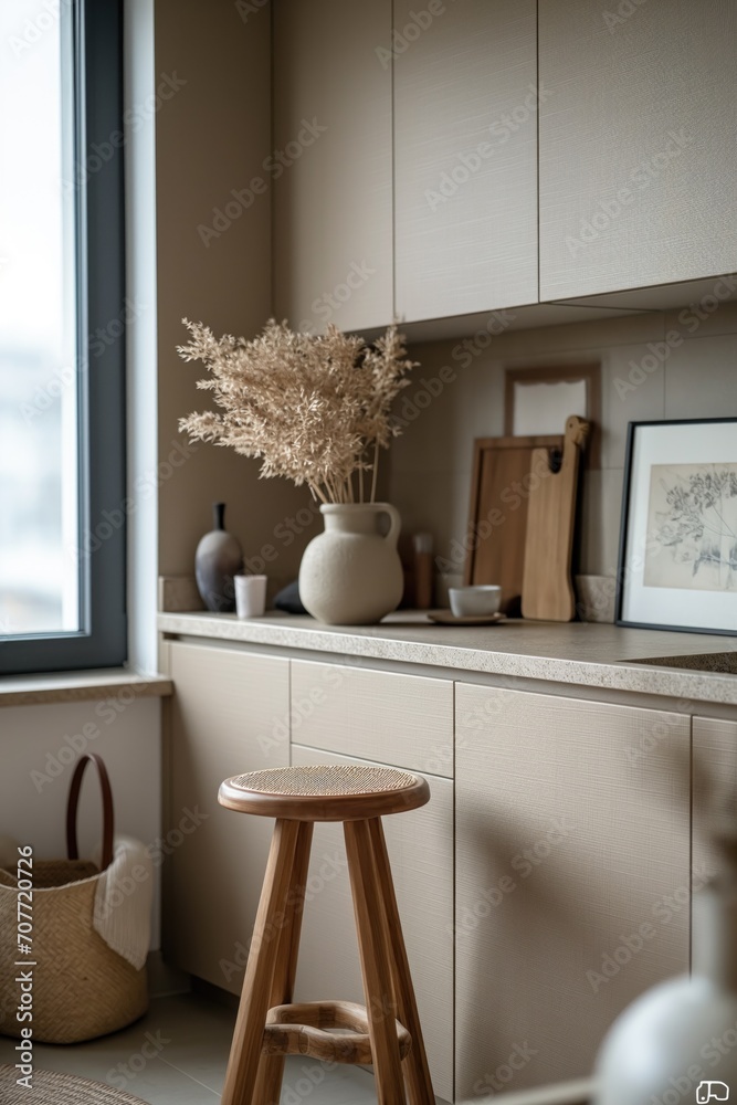 Photo de magazine d'une cuisine ton naturel beige avec belles décorations. Magazine photo of a natural beige kitchen with beautiful decorations.