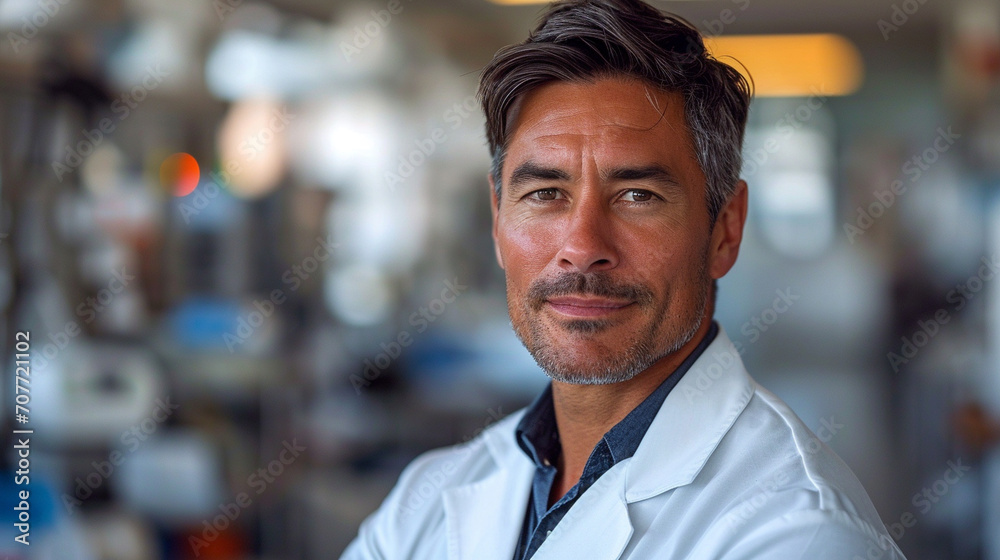 An authoritative yet compassionate portrait of a handsome doctor in a crisp white coat, surrounded by medical equipment in a modern hospital setting, projecting an air of expertise An authoritative yet compassionate portrait of a handsome doctor in a crisp white coat, surrounded by medical equipment in a modern hospital setting, projecting an air of expertise