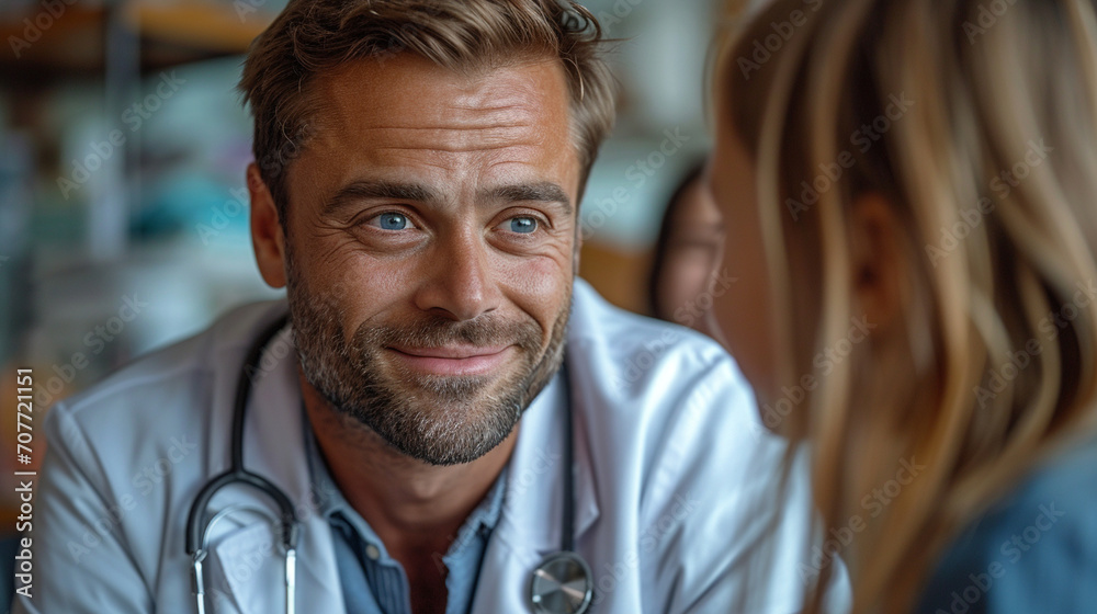 A compassionate moment of a handsome doctor interacting with a young patient, his warm demeanor and reassuring smile creating a heartwarming scene of medical care and kindness. A compassionate moment of a handsome doctor interacting with a young patient, his warm demeanor and reassuring smile creating a heartwarming scene of medical care and kindness.