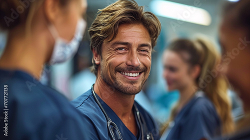 A candid shot capturing the approachable side of a handsome doctor, sharing a genuine smile with colleagues in a hospital break area, fostering a sense of camaraderie and teamwork.