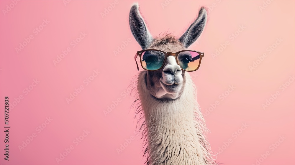 Llamazing vibes! Creative animal concept with a llama rocking sunglass shade glasses on a solid pastel background. Unleash surreal charm for commercial and editorial greatness. Llamazing vibes! Creative animal concept with a llama rocking sunglass shade glasses on a solid pastel background. Unleash surreal charm for commercial and editorial greatness.