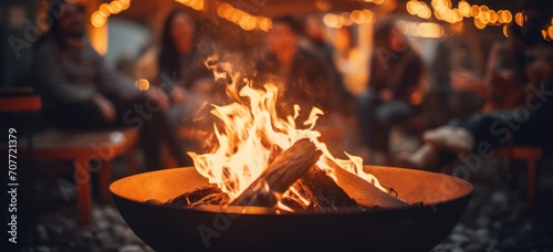Warm outdoor fire pit with glowing embers at evening social gathering. Comfort and warmth.