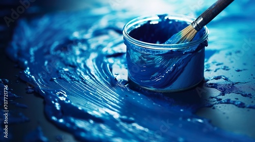 Blue paint can with brush