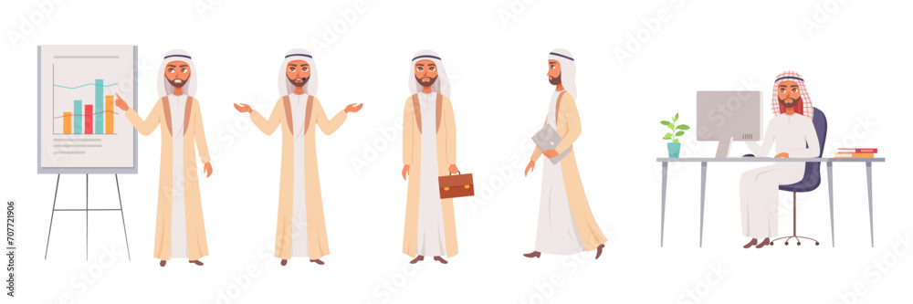Arab businessman vector set. Saudi male characters in office. Stock market analysis, business presentation, conference, negotiations. Arabian manager, employee, analyst, teacher, professor Arab businessman vector set. Saudi male characters in office. Stock market analysis, business presentation, conference, negotiations. Arabian manager, employee, analyst, teacher, professor
