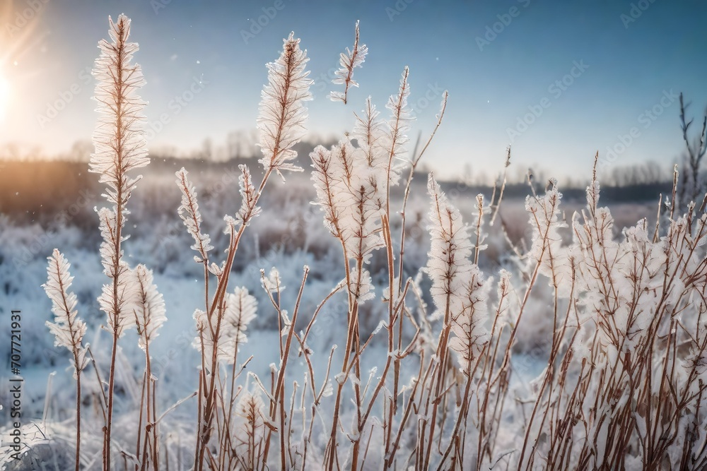 An enchanting winter scene featuring frost-covered dry plants in the midst of a snowfall, creating a captivating winter wonderland backdrop.