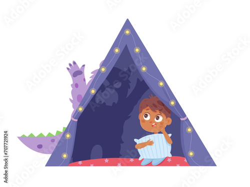 Kids fears vector illustration. Boy afraid of monster. Scared crying young male cartoon character. Childish phobia. Kid psychologic support and therapy
