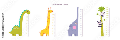 Kids height ruler in centimeters for growth measure. Cute animals set vector illustration for kindergarten or home. Wall sticker with cheerful giraffe, dinosaur, elephant and pandas