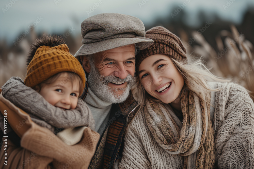 Gentle family portrait of an senior couple with their granddaughter outdoors Gentle family portrait of an senior couple with their granddaughter outdoors