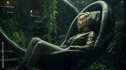 Frau sitzt mit Kopfhörern in einem ergonomischen Stuhl und hört Musik. Waldartiger futuristischer Raum. Konzept: Kontrast zwischen Technologie und Natur. Illustration photo
