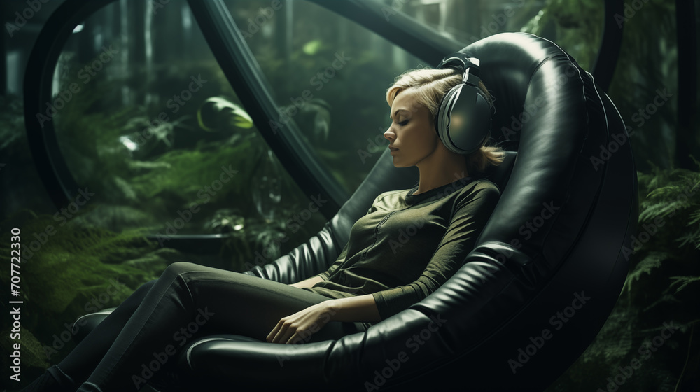 Frau sitzt mit Kopfhörern in einem ergonomischen Stuhl und hört Musik. Waldartiger futuristischer Raum. Konzept: Kontrast zwischen Technologie und Natur. Illustration - obrazy, fototapety, plakaty 
