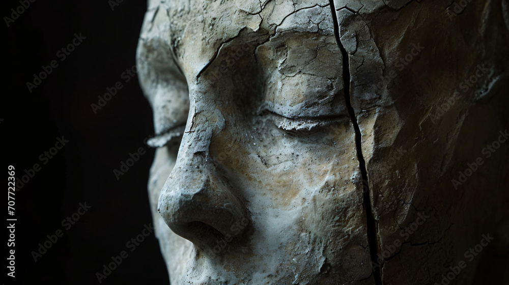 An artistic interpretation of the pain of betrayal represented by a cracked statue with a single tear streak set against a dark backdrop.