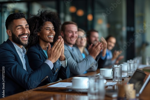 Group of business people applauding a presentation. They are sitting at a table 