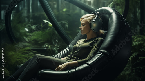 Frau sitzt mit Kopfhörern in einem ergonomischen Stuhl und hört Musik. Waldartiger futuristischer Raum. Konzept: Kontrast zwischen Technologie und Natur. Illustration