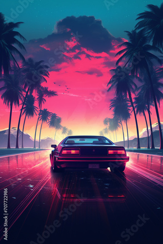Miami Vice Revival: Retro Futuristic Sport Car Racing Along Ocean Beach with Neon Lights