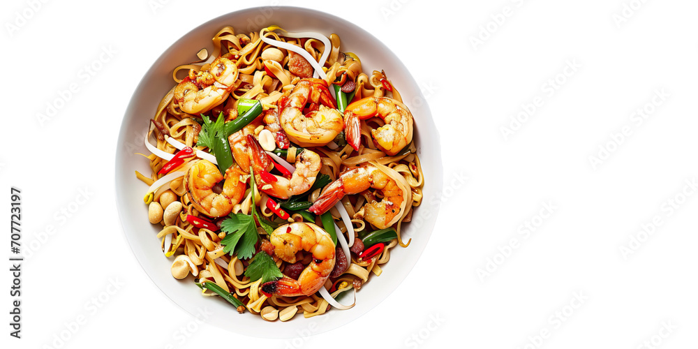 top down view of an isolated bowl of Pad Thai, showcasing the colorful mixture of noodles, shrimp and peanuts on a transparent and clean background. top down view of an isolated bowl of Pad Thai, showcasing the colorful mixture of noodles, shrimp and peanuts on a transparent and clean background.