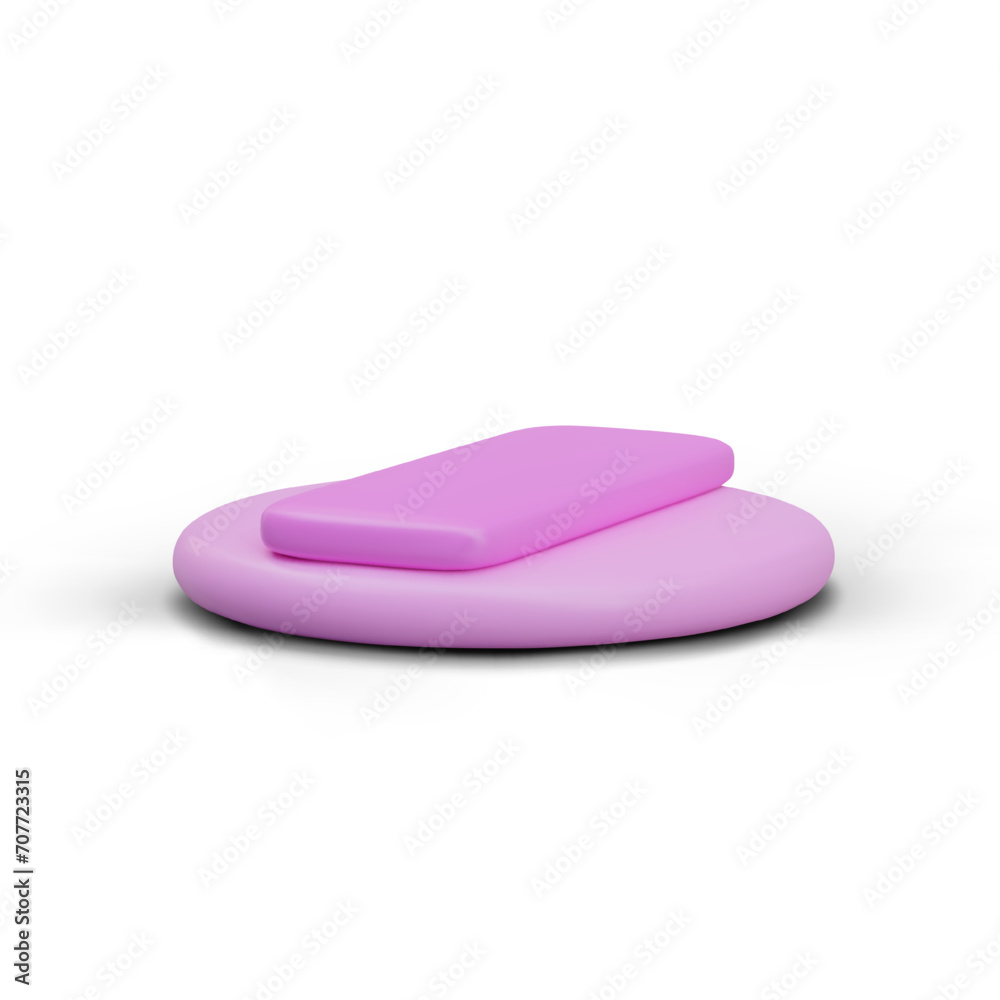Pink puff for powder in horizontal position. Accessory for applying dry cosmetics to face. Round pad for multiple use. Vector realistic isolated element, side view Pink puff for powder in horizontal position. Accessory for applying dry cosmetics to face. Round pad for multiple use. Vector realistic isolated element, side view