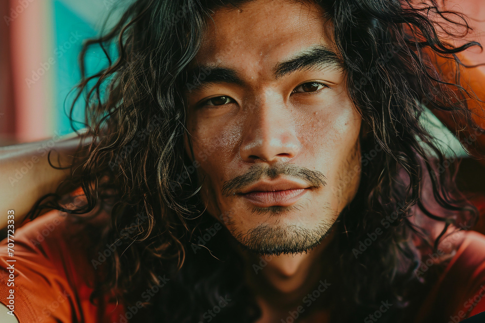 Portrait of asian man with long hair. 