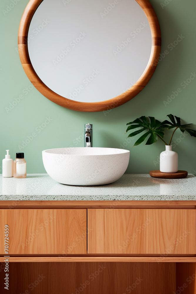 Modern Harmony: Wooden Vanity and Terrazzo Accents Define Minimalist Bathroom