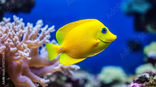 Yellow tang fish on coral