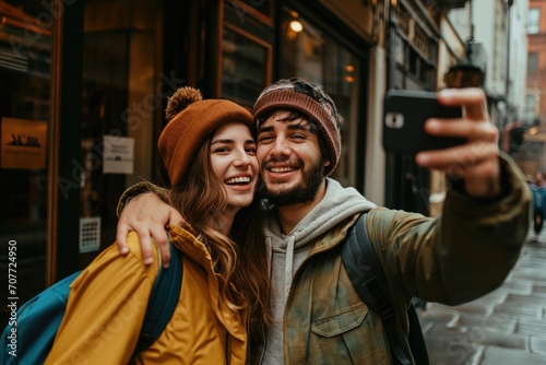 Young couple standing on the street and taking a selfie. 